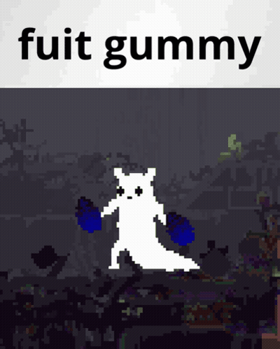A Pixel Art Of A Ghost With The Words " Fuit Gummy " On The Bottom GIF