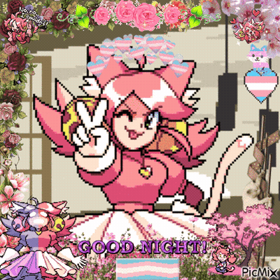 A Pixel Art Of A Girl Giving A Peace Sign With The Words Good Night Written Below Her GIF