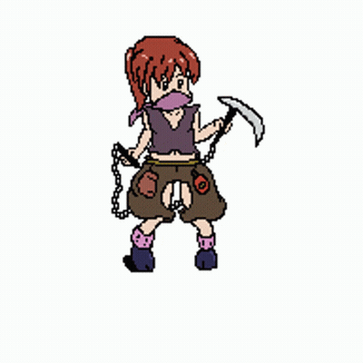 A Pixel Art Of A Girl Holding A Pickaxe And Chains GIF