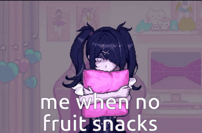 A Pixel Art Of A Girl Holding A Pink Pillow With The Words " Me When No Fruit Snacks " GIF