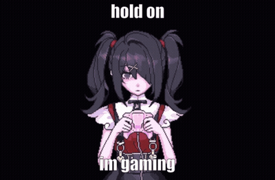 A Pixel Art Of A Girl Holding A Video Game Controller With The Words Hold On I 'M Gaming Below Her . GIF
