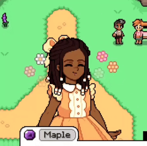 A Pixel Art Of A Girl In A Dress With Flowers In Her Hair And A Button That Says Maple . GIF