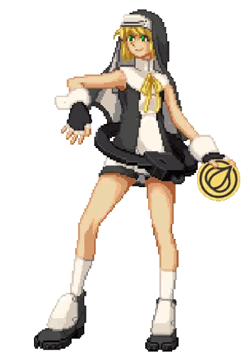 A Pixel Art Of A Girl In A Nun Costume Holding A Coin Sticker
