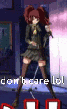 A Pixel Art Of A Girl Singing Into A Microphone With The Words " Don 'T Care Lol " Below Her GIF
