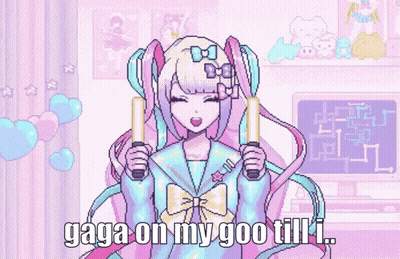 A Pixel Art Of A Girl Singing Into A Microphone With The Words Gaga On My Goo Till I. GIF