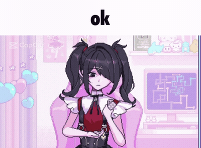 A Pixel Art Of A Girl Sitting In A Chair With The Word Ok On The Bottom GIF