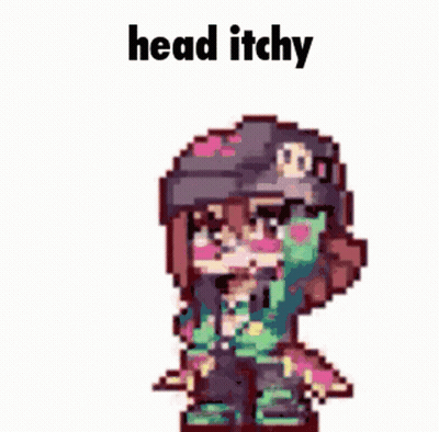 A Pixel Art Of A Girl Wearing A Hat And Sunglasses With The Words `` Head Itchy '' Written Above Her . GIF