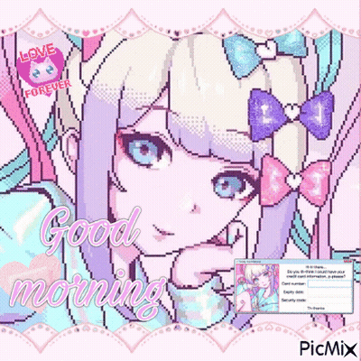 A Pixel Art Of A Girl With A Bow In Her Hair And The Words Good Morning GIF