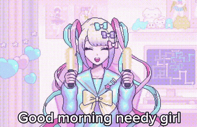 A Pixel Art Of A Girl With A Bow On Her Head And The Words " Good Morning Needy Girl " GIF