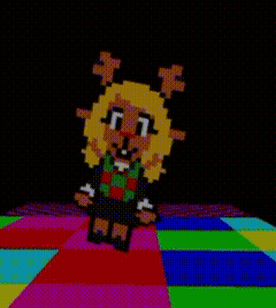 A Pixel Art Of A Girl With Blonde Hair And Antlers Standing On A Colorful Carpet . GIF