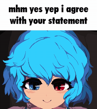 A Pixel Art Of A Girl With Blue Hair And Red Eyes With The Caption " Mhm Yes Yep I Agree With Your Statement " GIF