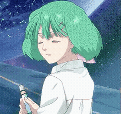 A Pixel Art Of A Girl With Green Hair Holding A Pen GIF