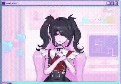 A Pixel Art Of A Girl With Pigtails Sitting In A Chair In A Room . GIF