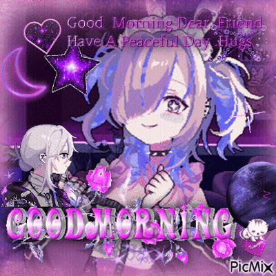 A Pixel Art Of A Girl With Purple Hair Says Good Morning Dear Friend GIF