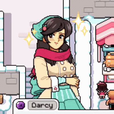 A Pixel Art Of A Girl With The Name Darcy On The Bottom GIF