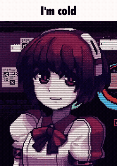 A Pixel Art Of A Girl With The Words " I 'M Cold " Above Her GIF