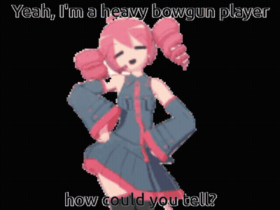 A Pixel Art Of A Girl With The Words Yeah I 'M A Heavy Bowgun Player How Could You Tell Below Her GIF