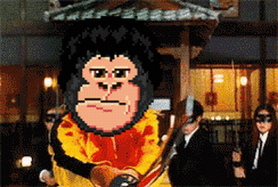 A Pixel Art Of A Gorilla Holding A Sword In Front Of A Group Of People GIF