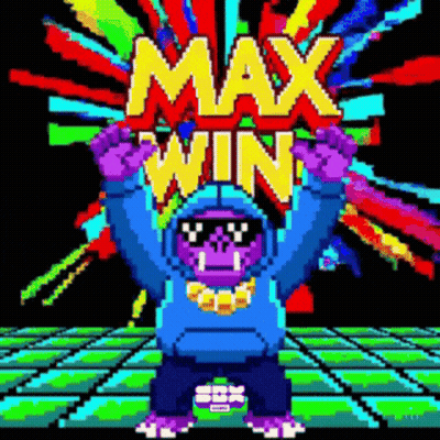 A Pixel Art Of A Gorilla Wearing Sunglasses And A Blue Hoodie With The Words Max Win Behind Him GIF