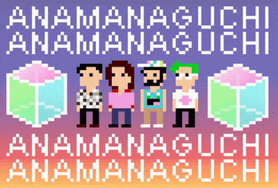 A Pixel Art Of A Group Of People Standing Next To Each Other With The Words " Anamanaguchi " Above Them GIF