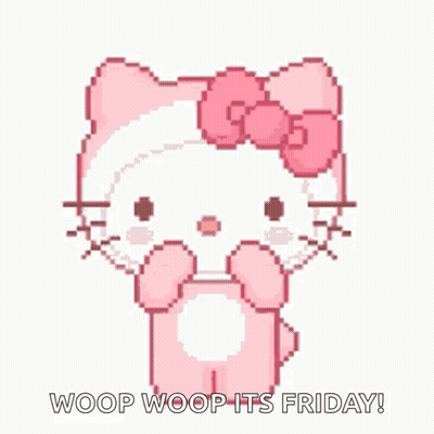 A Pixel Art Of A Hello Kitty With A Bow On Her Head And The Words `` Woop Woop Its Friday '' . GIF
