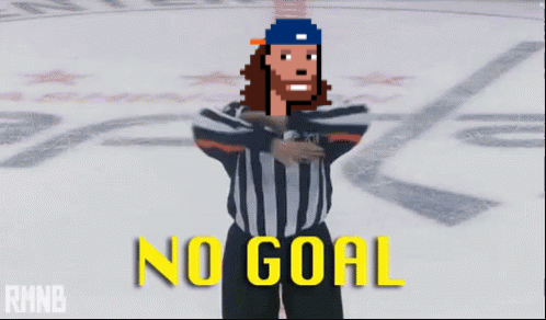 A Pixel Art Of A Hockey Referee With The Words No Goal Above Him GIF