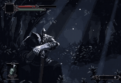 A Pixel Art Of A Knight In A Dark Forest GIF