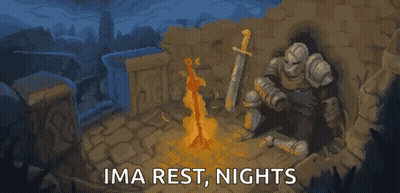 A Pixel Art Of A Knight Sitting By A Fire With The Words Ima Rest Nights GIF