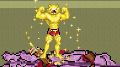 A Pixel Art Of A Lion Flexing His Muscles While Standing On Top Of A Purple Monster . GIF