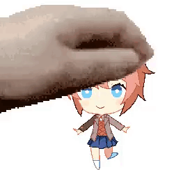A Pixel Art Of A Little Girl Standing Next To A Large Hand . GIF