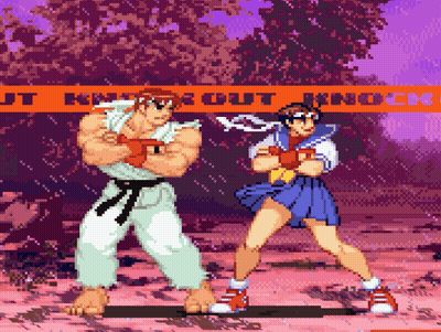 a pixel art of a man and a woman standing in front of a sign that says jt knockout knock