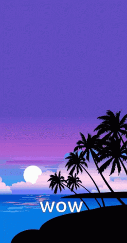 A Pixel Art Of A Man And Palm Trees With The Word Wow Below Him GIF
