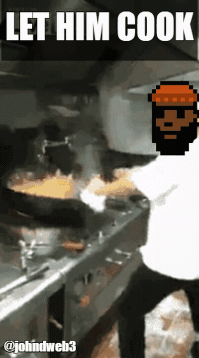 A Pixel Art Of A Man Cooking With The Words Let Him Cook Above Him GIF