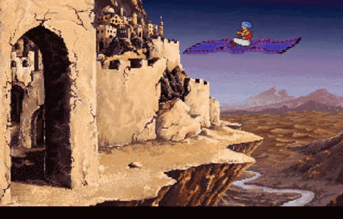 A Pixel Art Of A Man Flying On A Carpet Over A Cliff GIF