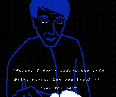 A Pixel Art Of A Man Holding A Book With The Words Father I Don 'T Understand GIF