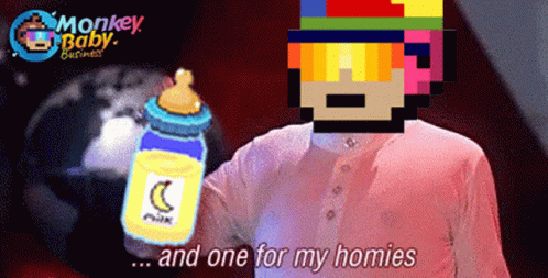 A Pixel Art Of A Man Holding A Bottle Of Milk With The Words " And One For My Homies " GIF