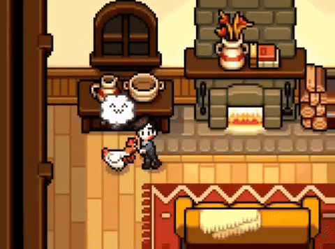 A Pixel Art Of A Man Holding A Chicken In A Living Room With A Fireplace . GIF