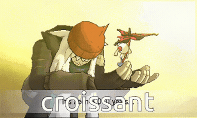 A Pixel Art Of A Man Holding A Croissant In His Hand GIF