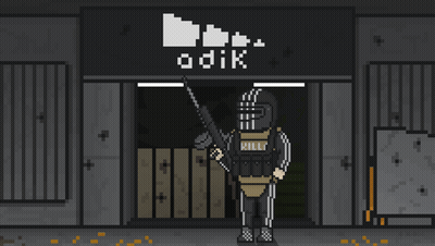 A Pixel Art Of A Man Holding A Gun In Front Of A Sign That Says Odik GIF
