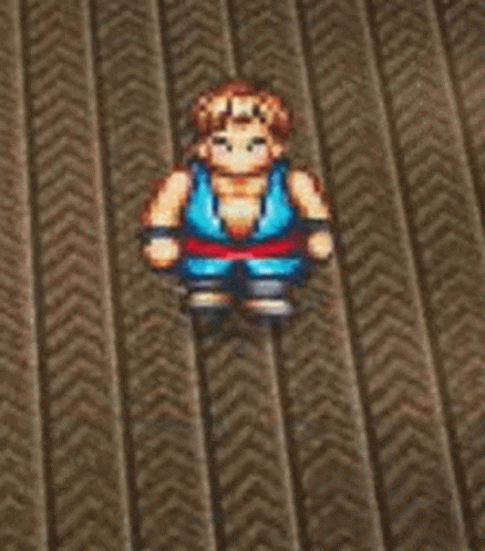 A Pixel Art Of A Man In A Blue Shirt Is Standing On A Striped Carpet . GIF