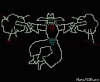 A Pixel Art Of A Man In A Cowboy Hat Holding A Gun And A Sword . GIF