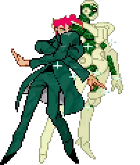 A Pixel Art Of A Man In A Green Suit Standing Next To A White Robot Sticker