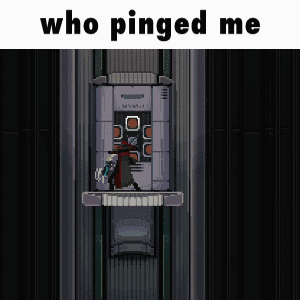 A Pixel Art Of A Man In An Elevator With The Words Who Pinged Me On The Bottom GIF