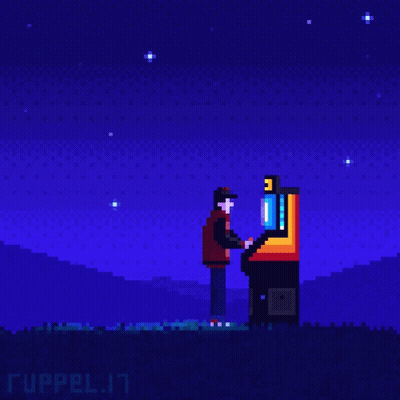 A Pixel Art Of A Man Playing A Video Game With The Number 3 On The Screen GIF