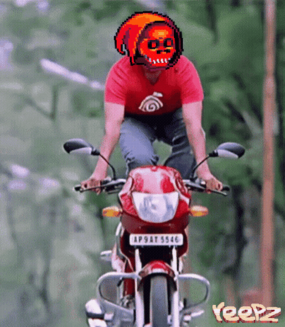 A Pixel Art Of A Man Riding A Red Motorcycle With A License Plate That Says Ap9at 5544 GIF