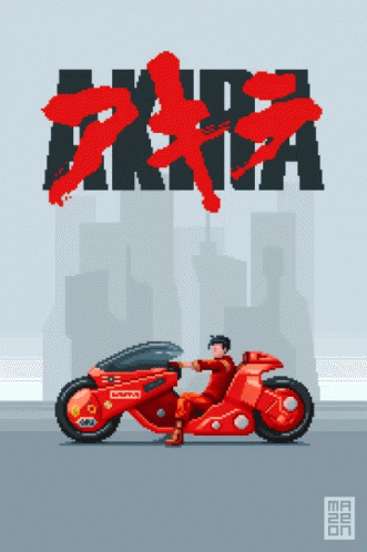 A Pixel Art Of A Man Riding A Red Motorcycle With The Word Akira On The Bottom GIF