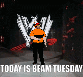 A Pixel Art Of A Man Standing In Front Of A Wwe Logo With The Words Today Is Beam Tuesday Below Him GIF
