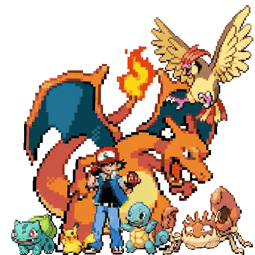A Pixel Art Of A Man Standing Next To A Pokemon Sticker