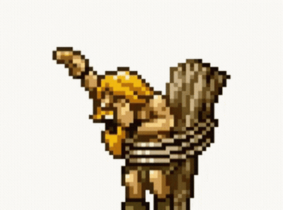 A Pixel Art Of A Man Tied Up With A Rope And Holding A Sword . GIF
