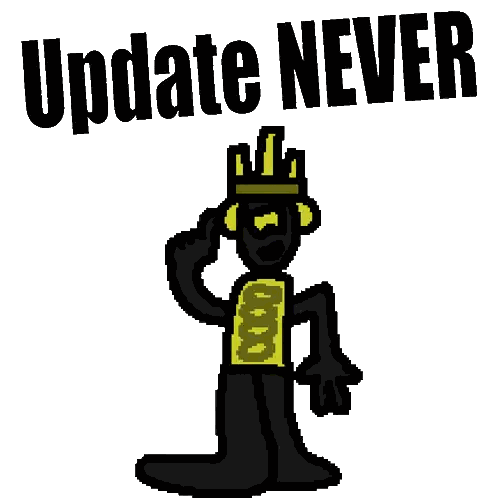 A Pixel Art Of A Man Wearing A Hat With The Words Update Never Below Him Sticker